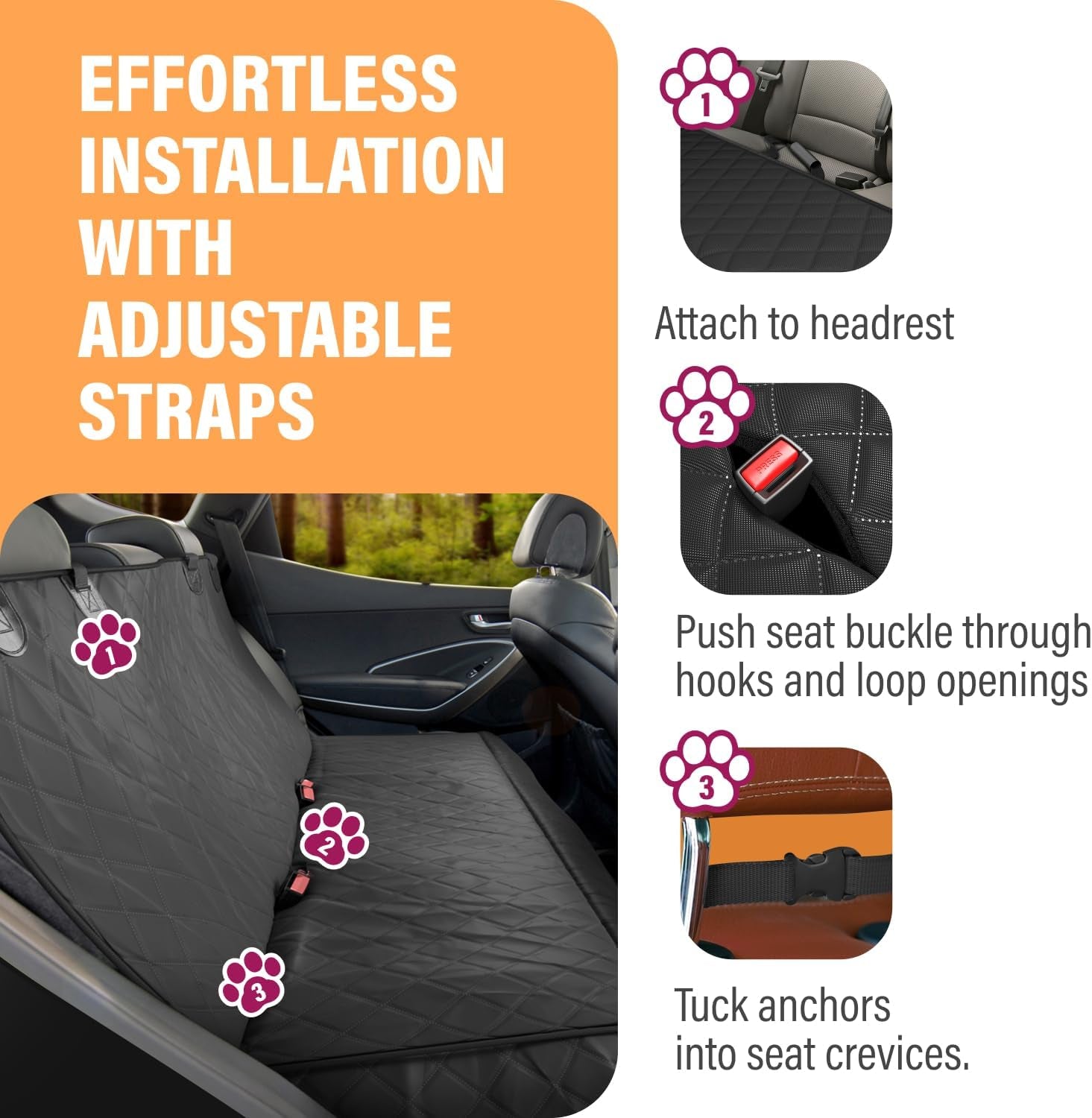 Dog Car Seat Cover for Back Seat. Protector Hammock - Waterproof Pet Trucks, Sedans & Suvs Use with Chom Roller Hair Remover. Black